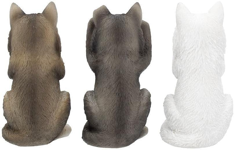 Three Wise Wolf Figurines Resin 10cm Grey Woodland Ornament Gift Home Decor