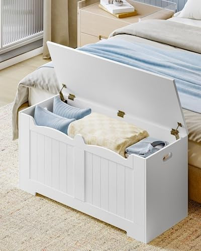White Lift-Top Storage Bench with Shoe Organizer & Wooden Trunk