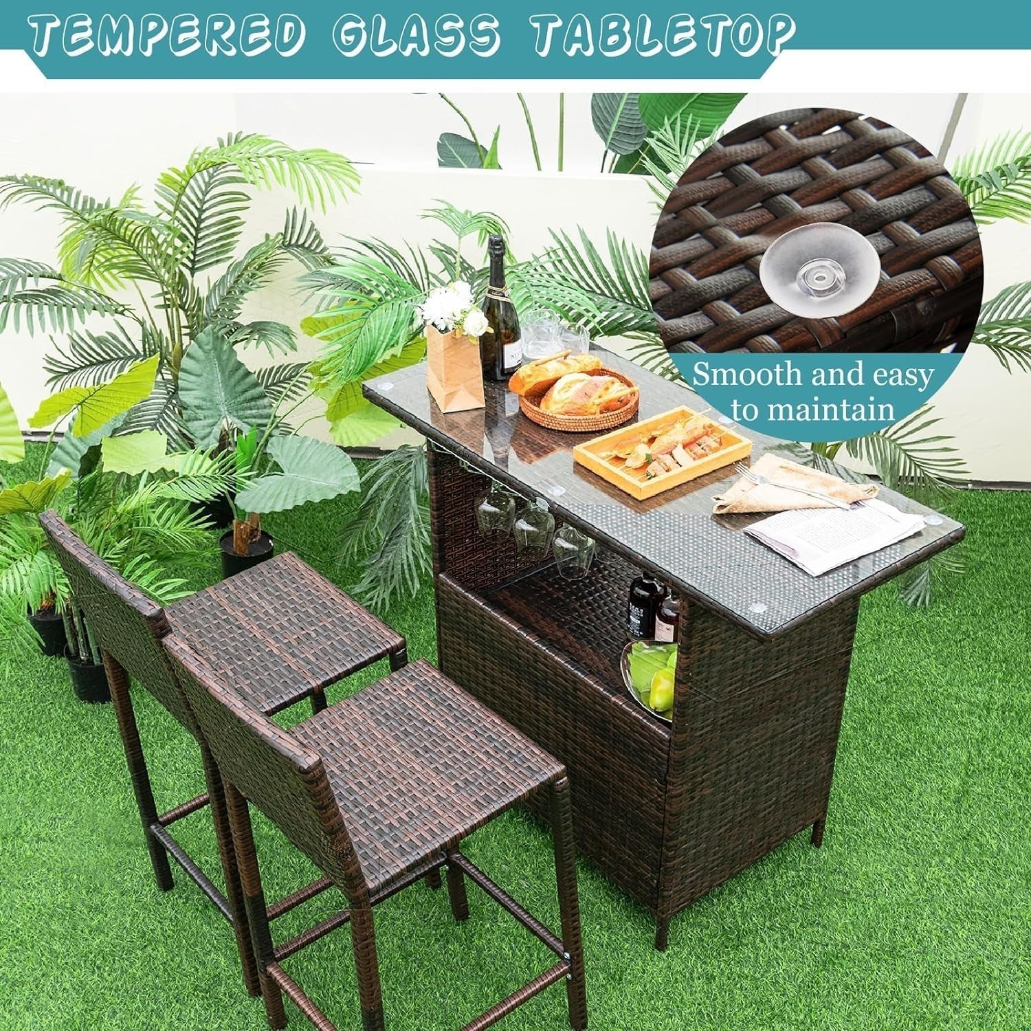 Rattan Bar Table Set with 2 Stools Glass Top Storage Shelves Patio Bistro
