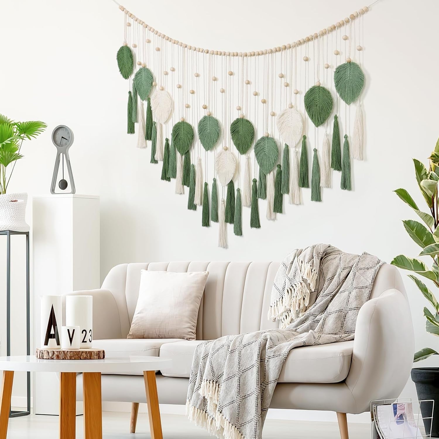 Large Macrame Wall Hanging Beige Green Leaf Tassel Boho Decor