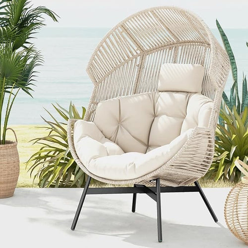 Oversized Rattan Egg Chair Outdoor Recliner with Cushions & Headrest – Max 180kg