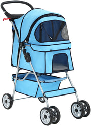 Pet Stroller Dog Cat Pushchair 4 Wheel Foldable Travel Carrier Mesh Blue