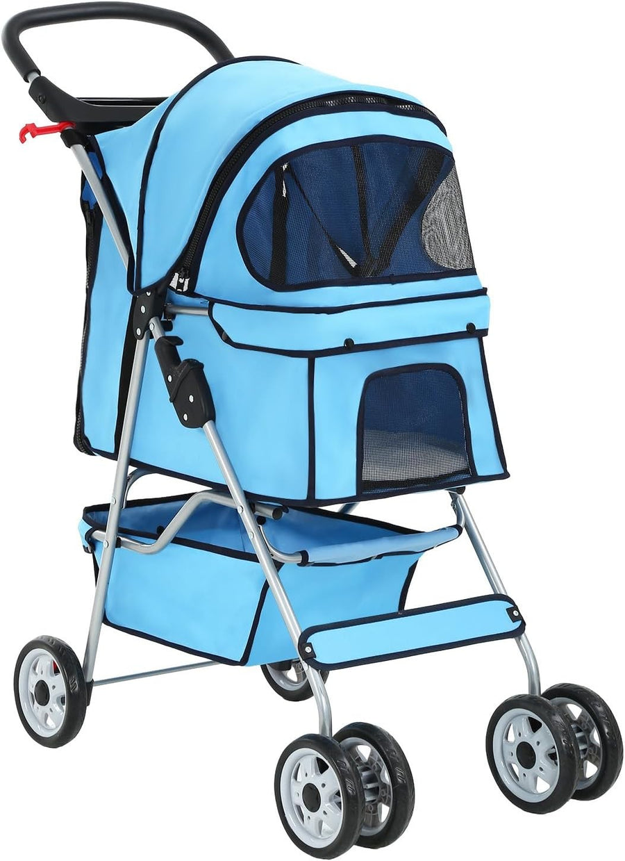 Pet Stroller Dog Cat Pushchair 4 Wheel Foldable Travel Carrier Mesh Blue