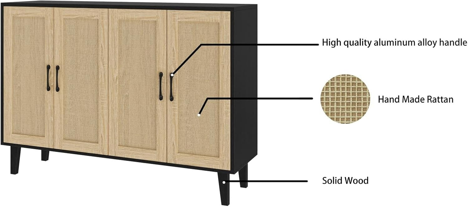 Black Buffet Storage Cabinet with Rattan Doors Adjustable Shelves Modern