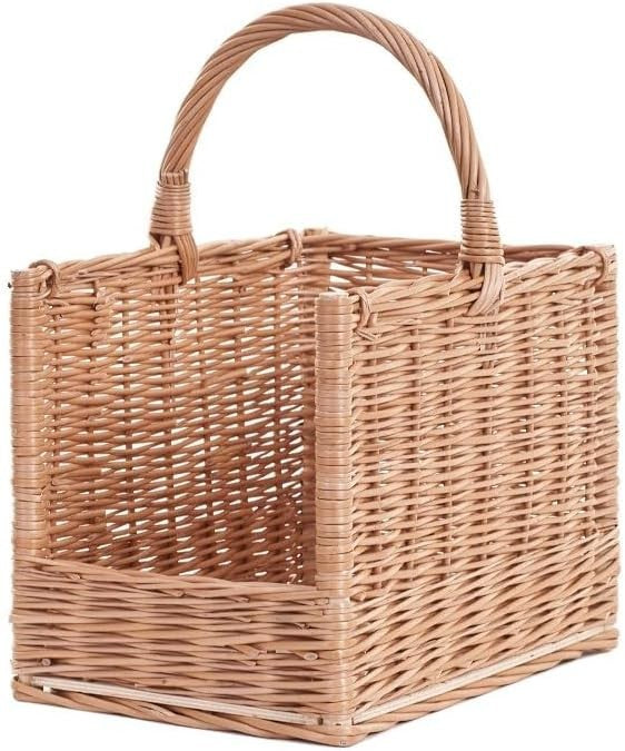 Wicker Log Basket with Handle for Firewood Storage Indoor Rustic Holder