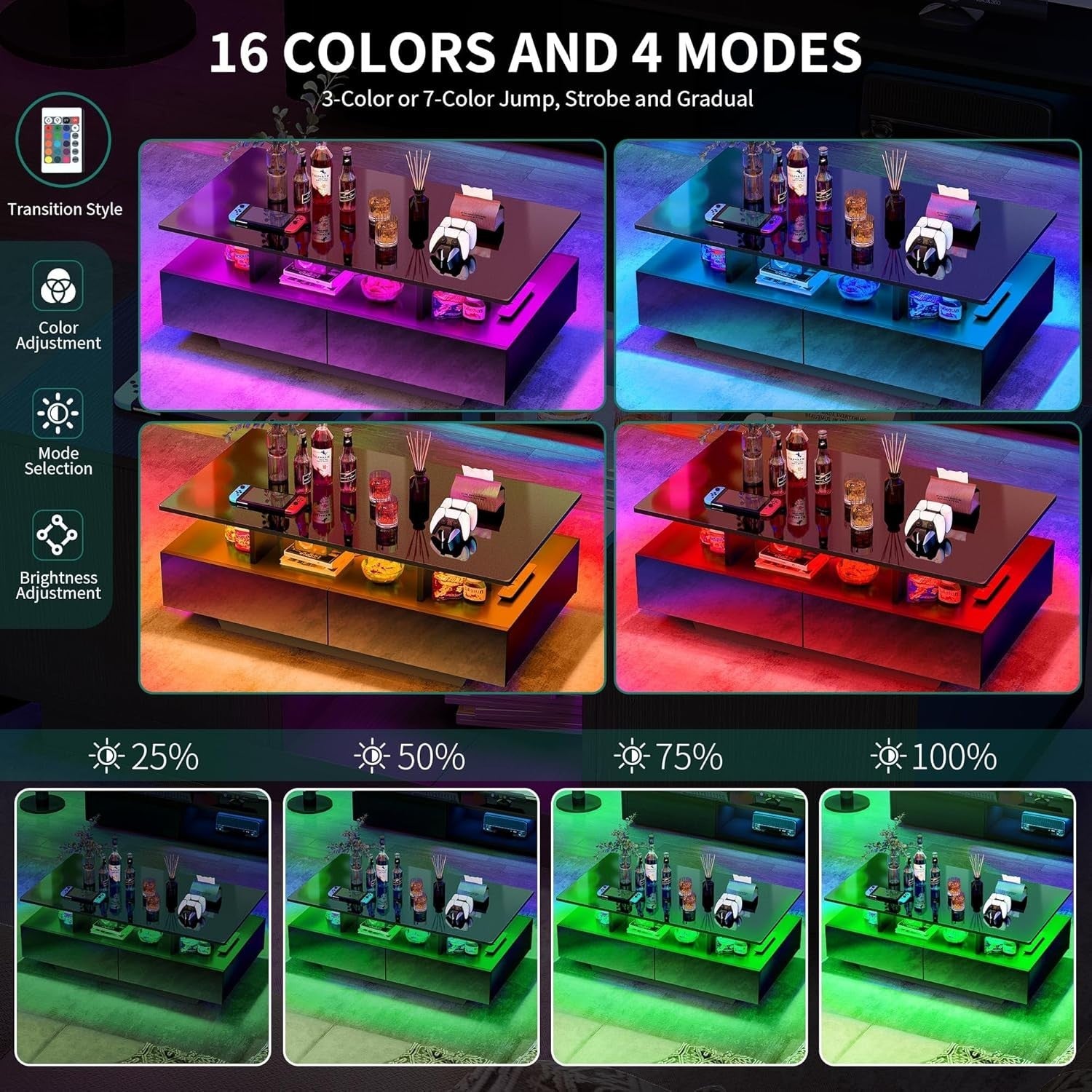 Black LED Coffee Table with Storage Drawers Gloss Finish | 16-Color Lights