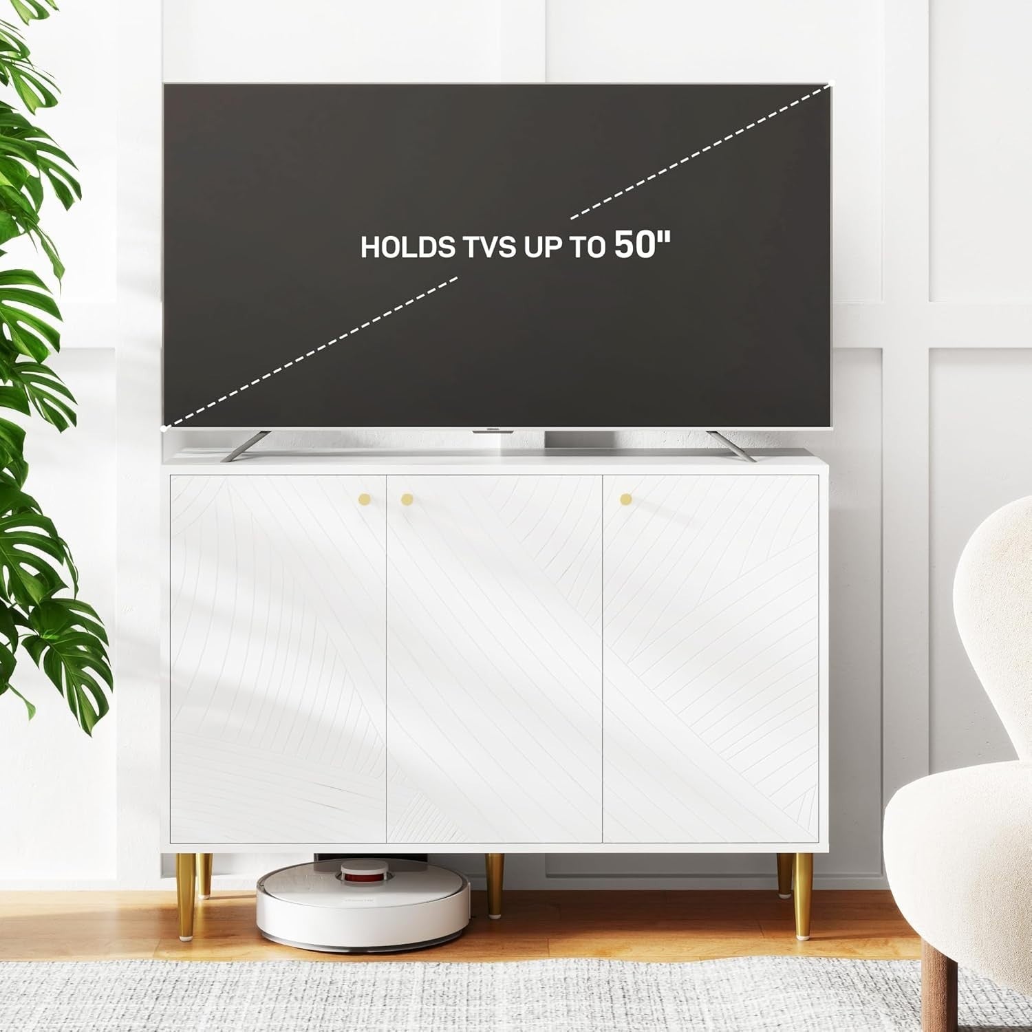 White Modern Sideboard Cabinet 3 Doors Adjustable Shelves Anti-Tip Storage