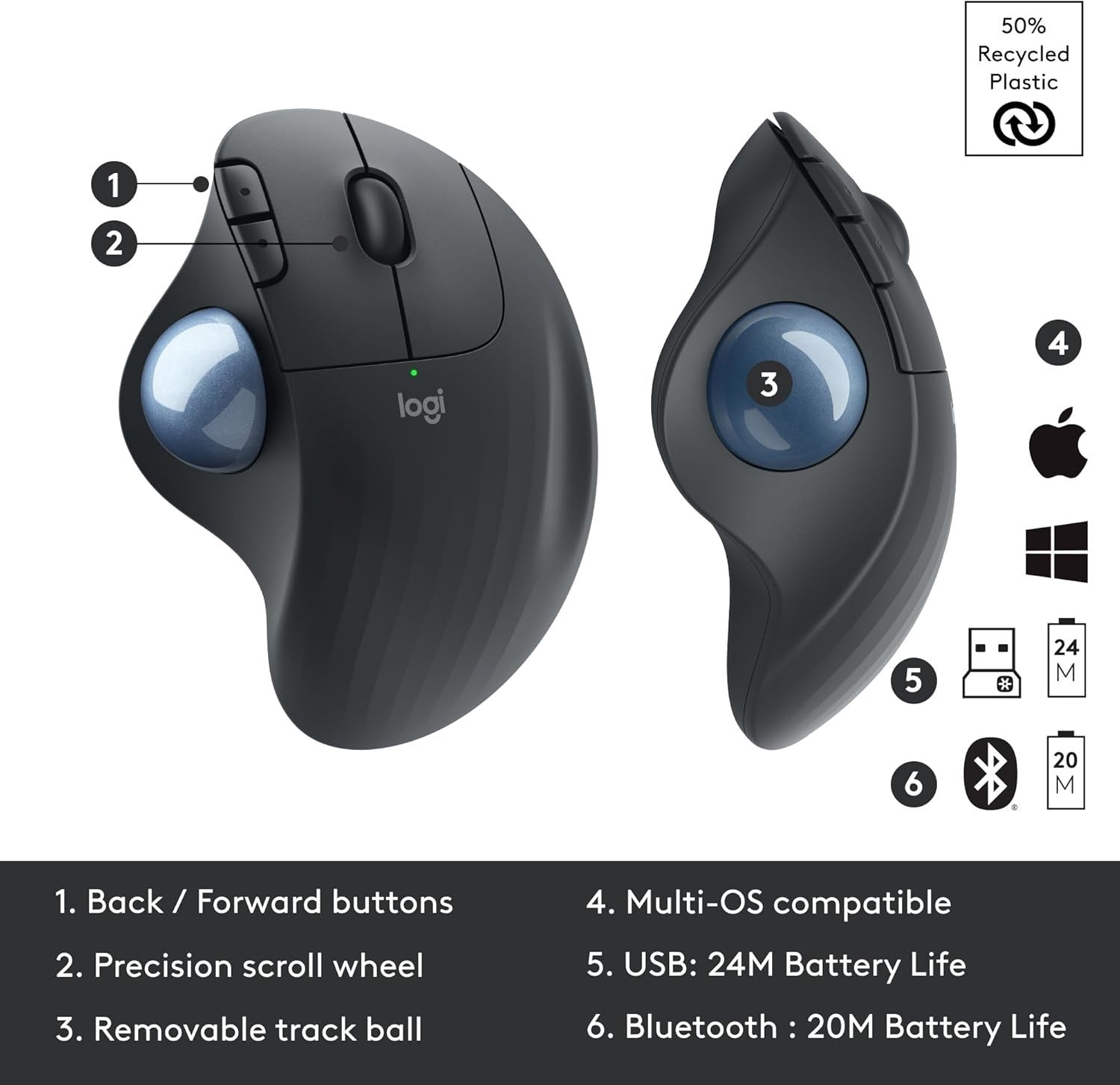 Wireless Trackball Mouse Ergonomic Bluetooth USB Thumb Control