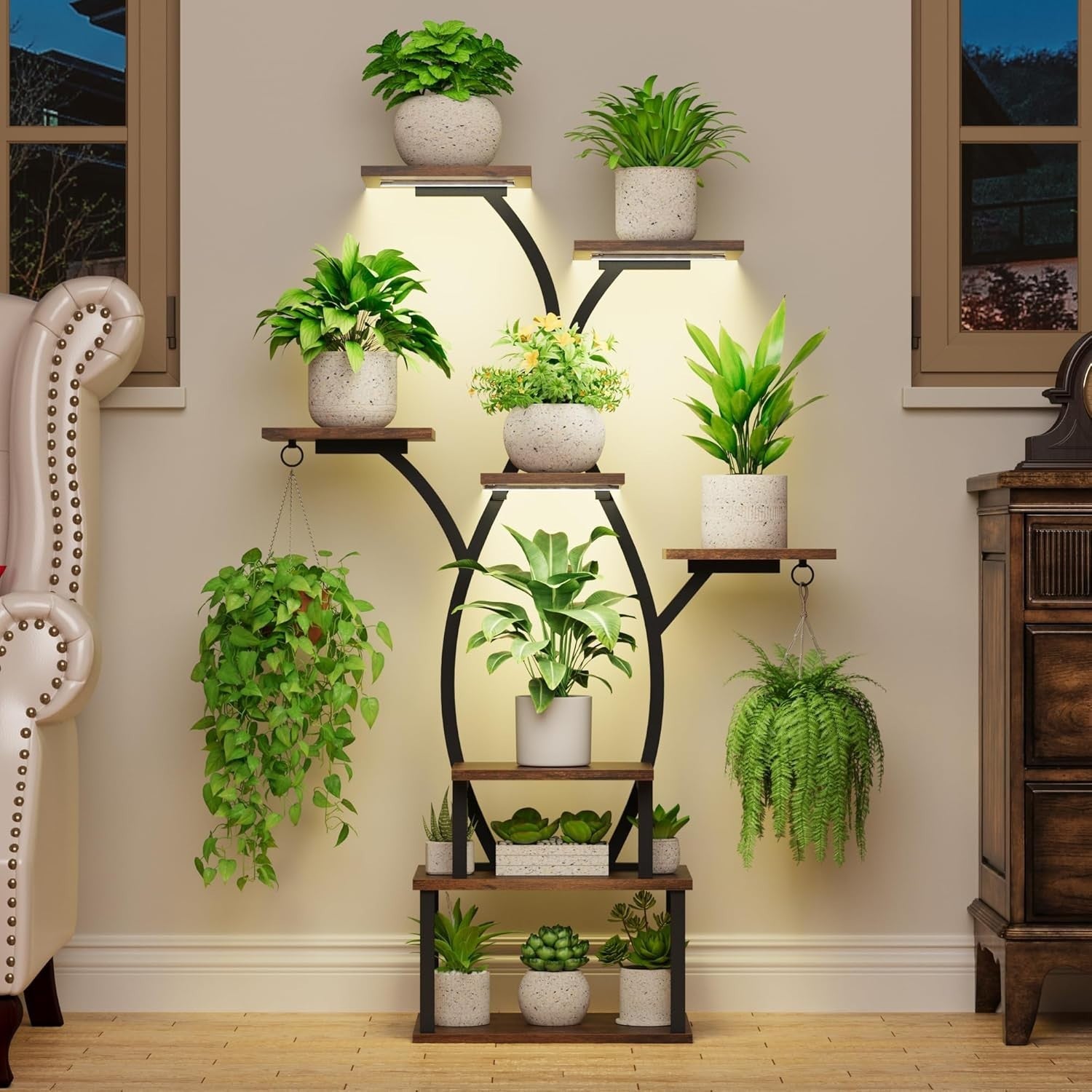 8-Tier Metal Plant Stand with Grow Lights, 122cm Indoor Flower Shelf Rack