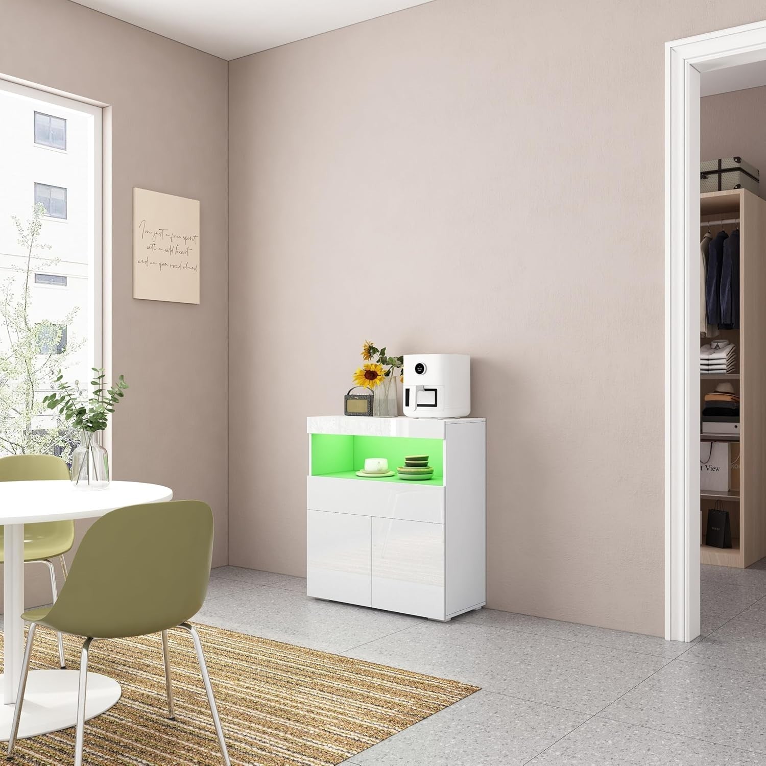 White High Gloss Sideboard Cabinet with LED Lights, Storage & Lockable Doors