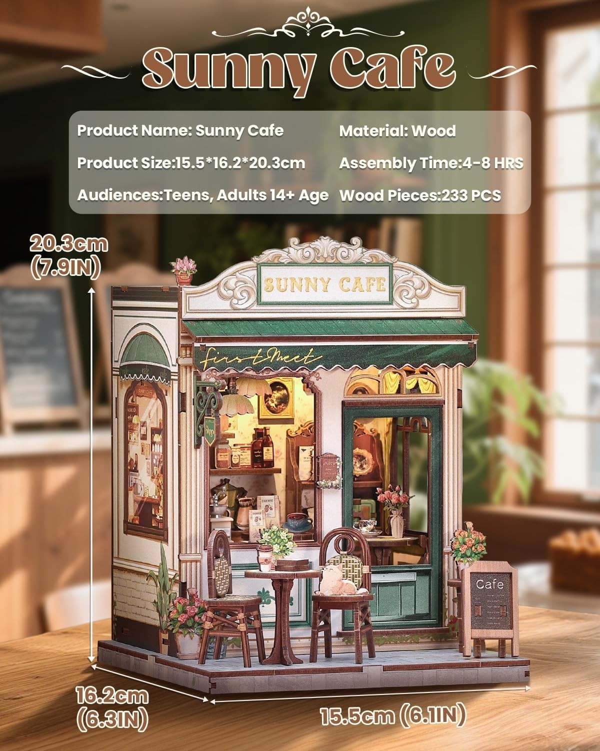 DIY Book Nook Kit Sunny Cafe Miniature House LED Wooden Bookend Decor
