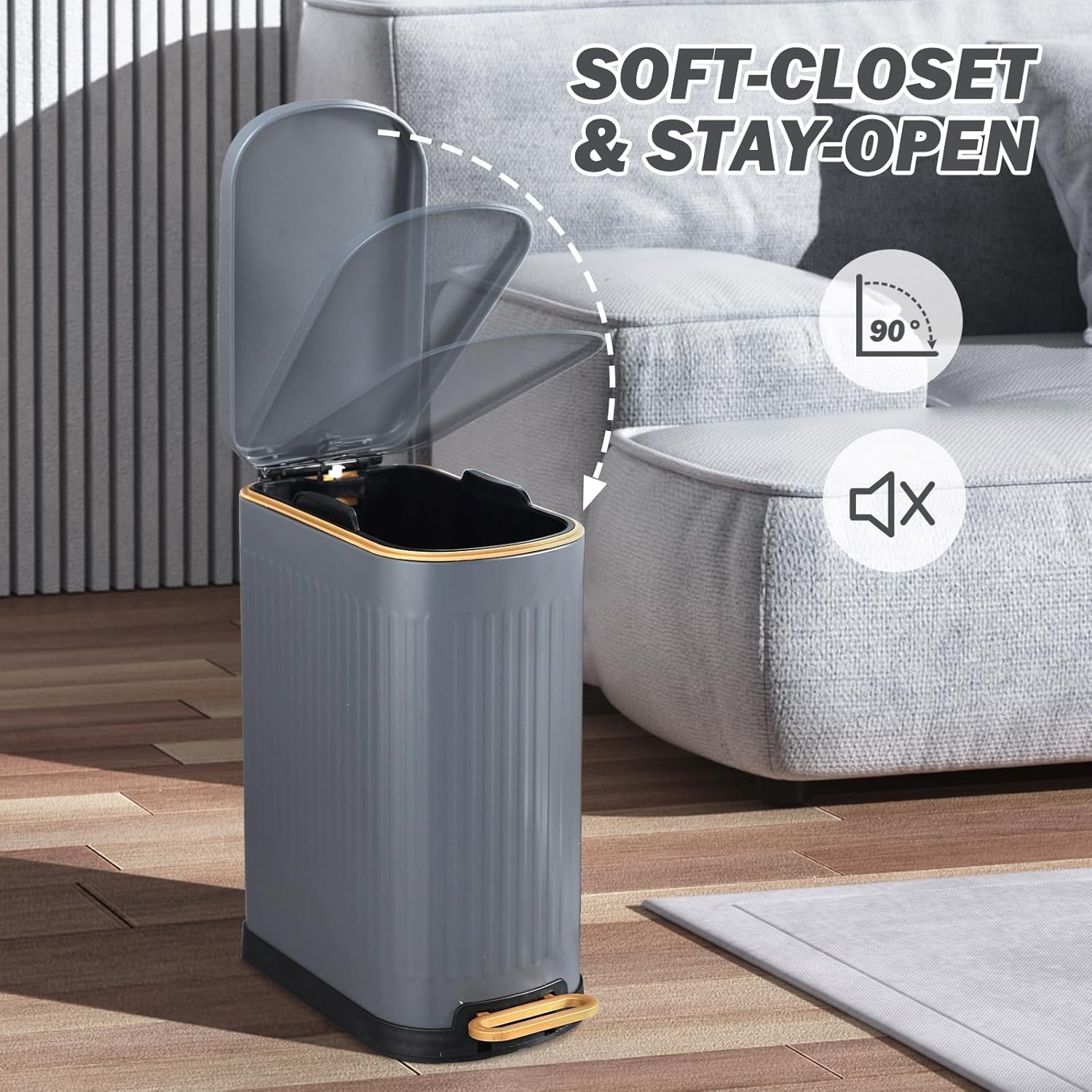 13L Slim Bathroom Pedal Bin Grey Stainless Steel Soft Close