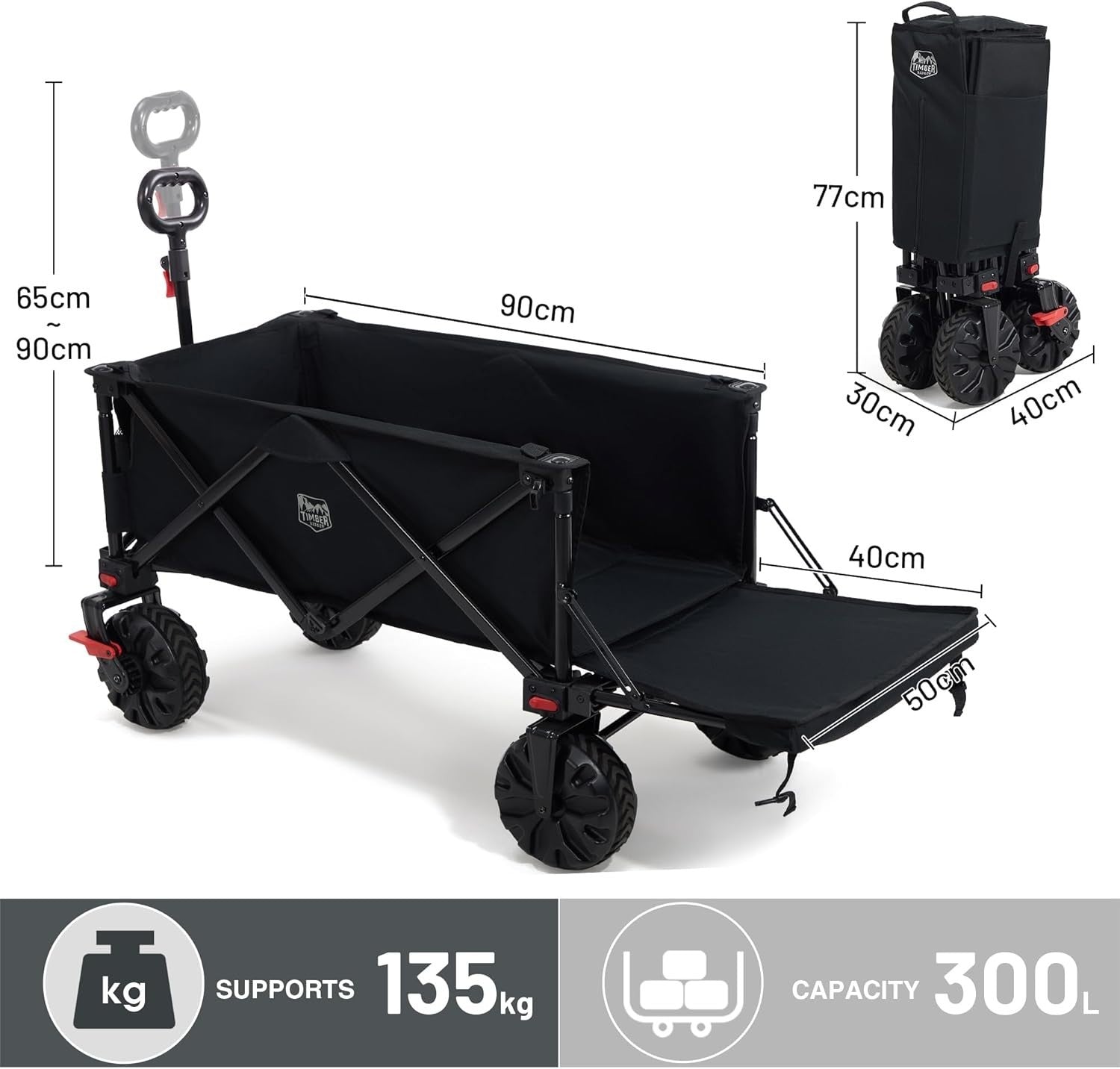 Black 300L Tailgate Folding Camping Wagon 135kg Heavy Duty Trolley with Brakes