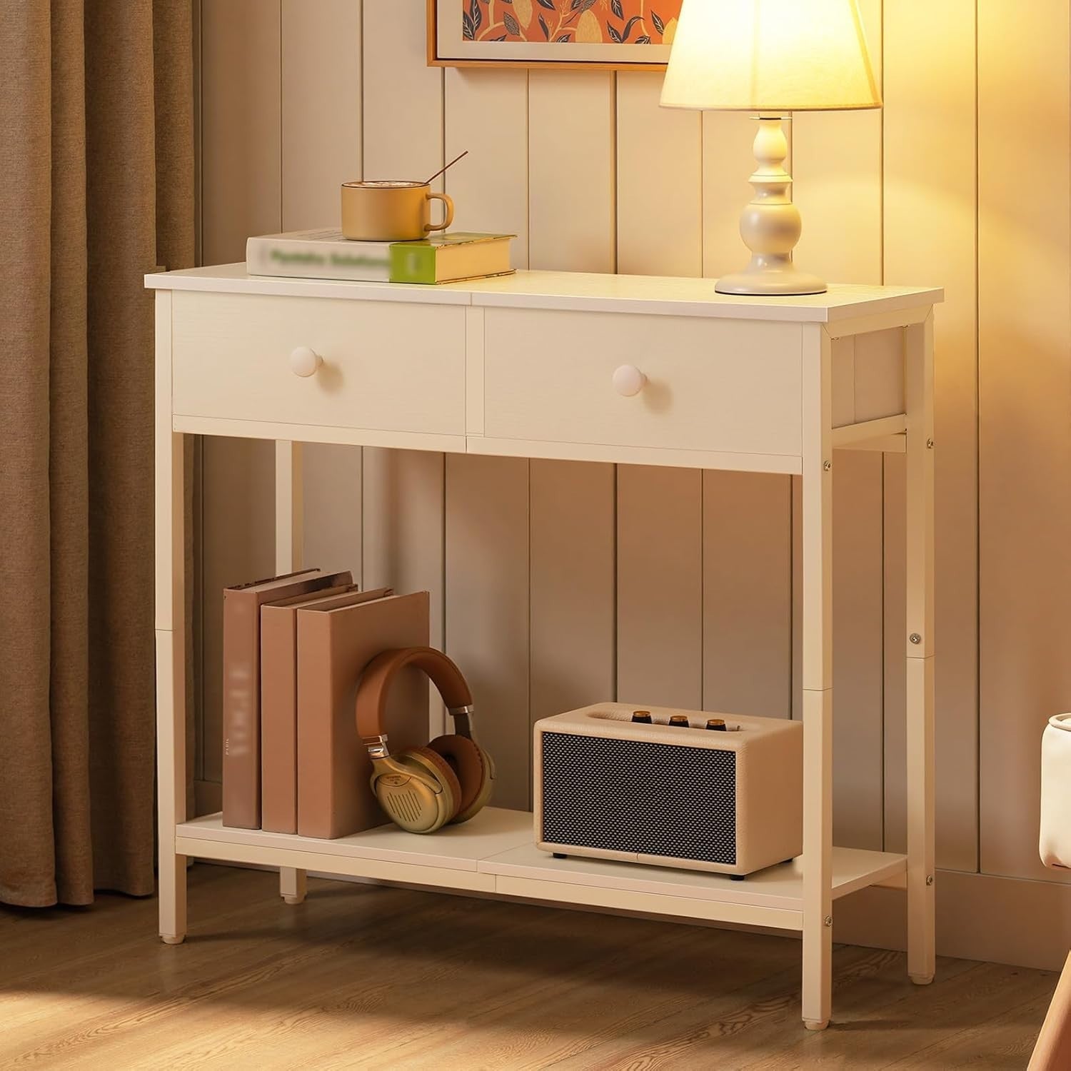 White Slim Console Table with Drawers & Shelf, Narrow Entryway Storage