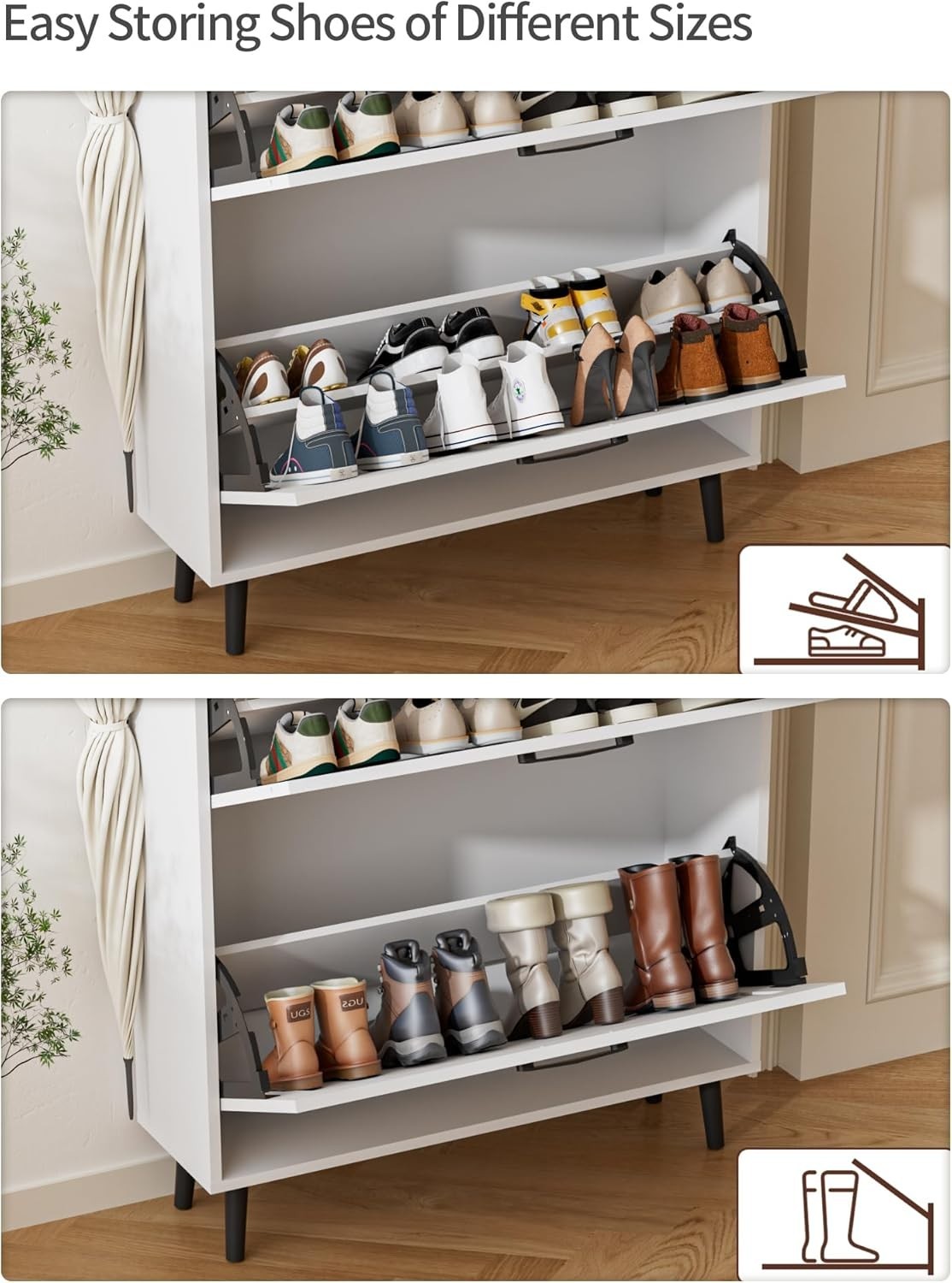 Slim White Shoe Cabinet with 2 Flip Drawers & Adjustable Shelves, Narrow Hallway