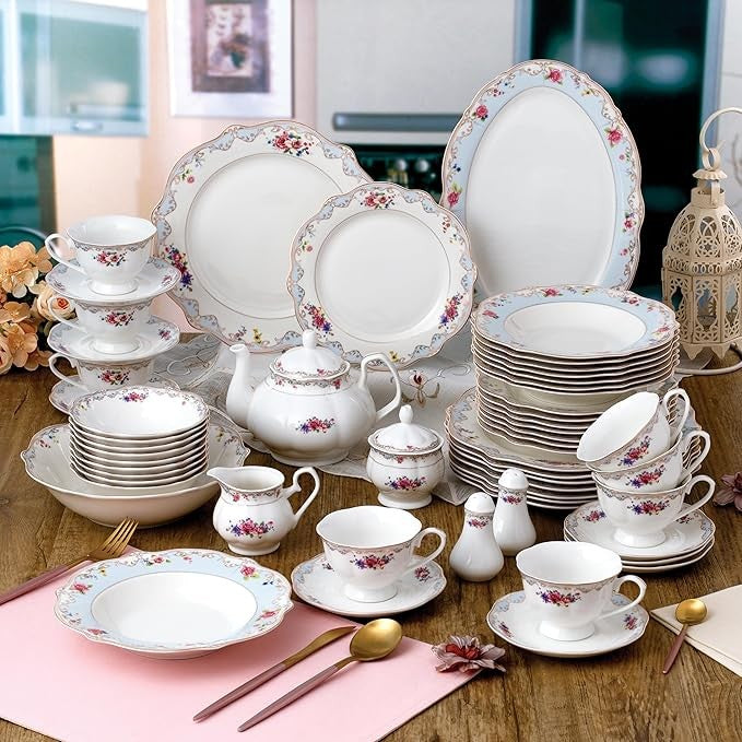 57pc Bone China Dinnerware Set Floral Gold Trim Plates Cups Serving Set