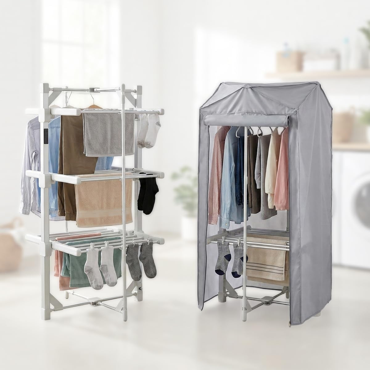 3 Tier Heated Clothes Airer with Cover Timer Folding Indoor Drying Rack