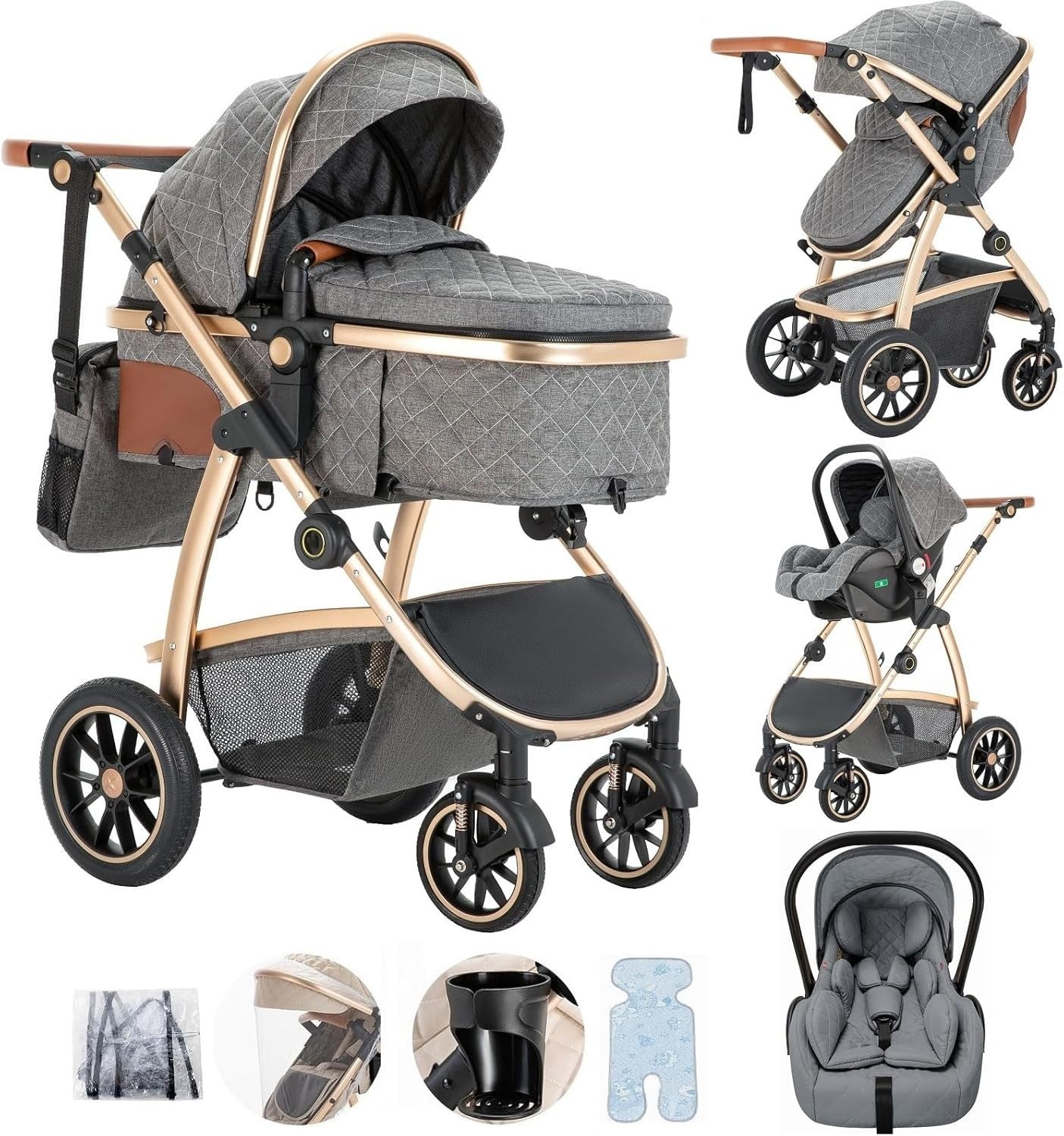3 in 1 Baby Travel System Stroller Car Seat Adjustable Handle Grey