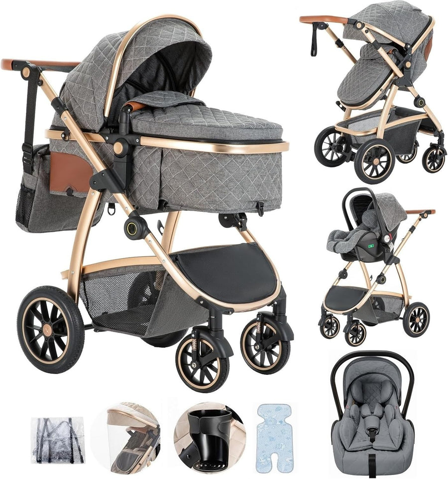 3 in 1 Baby Travel System Stroller Car Seat Adjustable Handle Grey