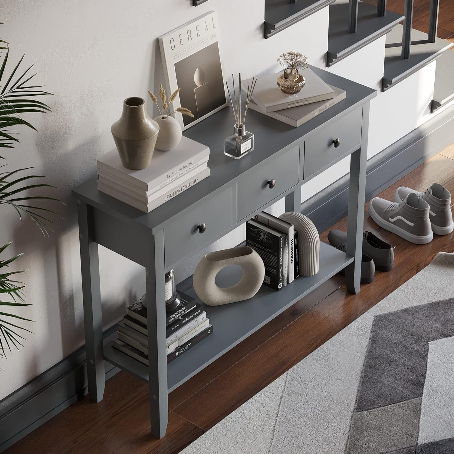 Console Table with 3 Drawers & Undershelf – Spacious Storage, Stylish Grey