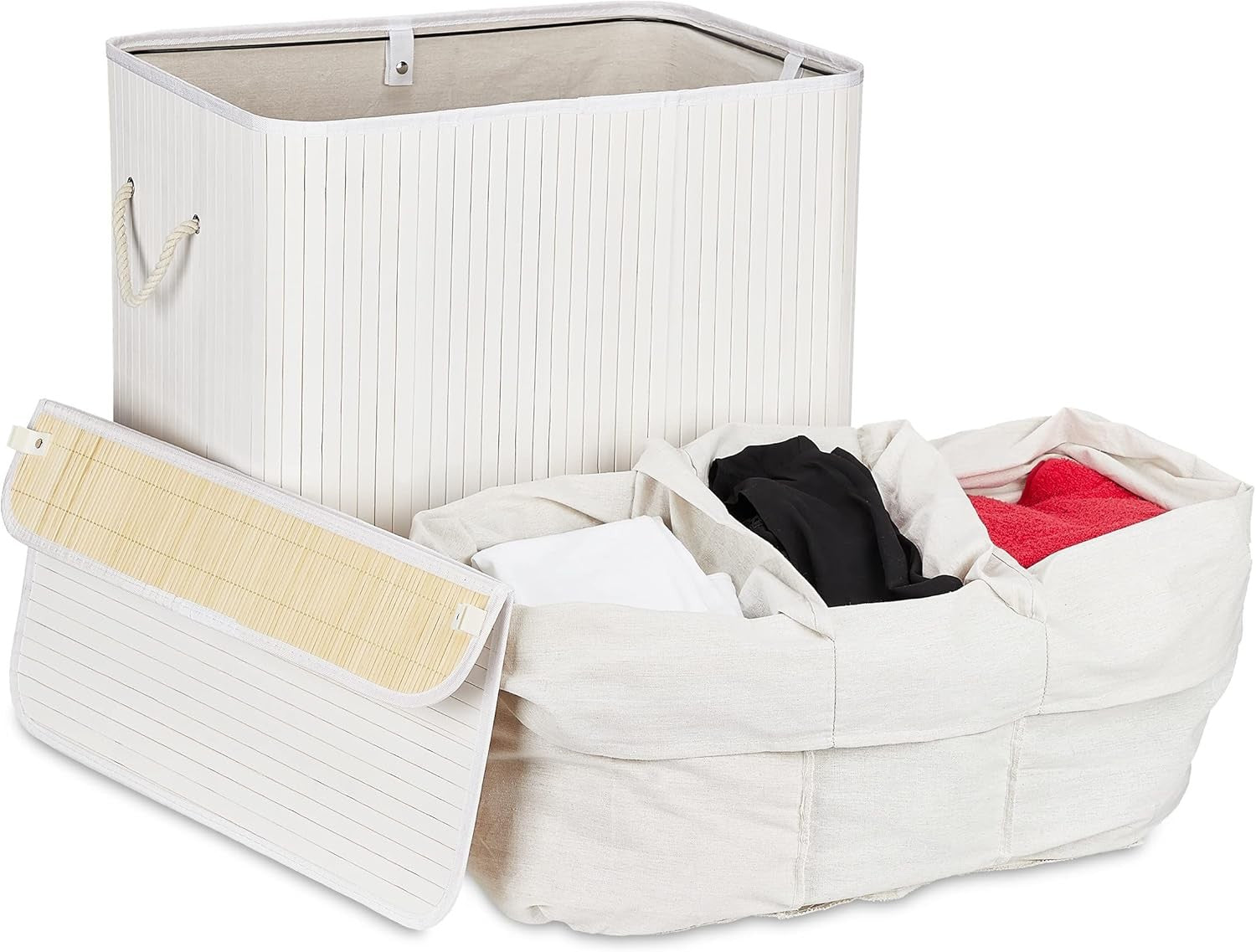 White Bamboo Laundry Basket 3-Compartment Sorter with Lid | Folding 62cm Hamper