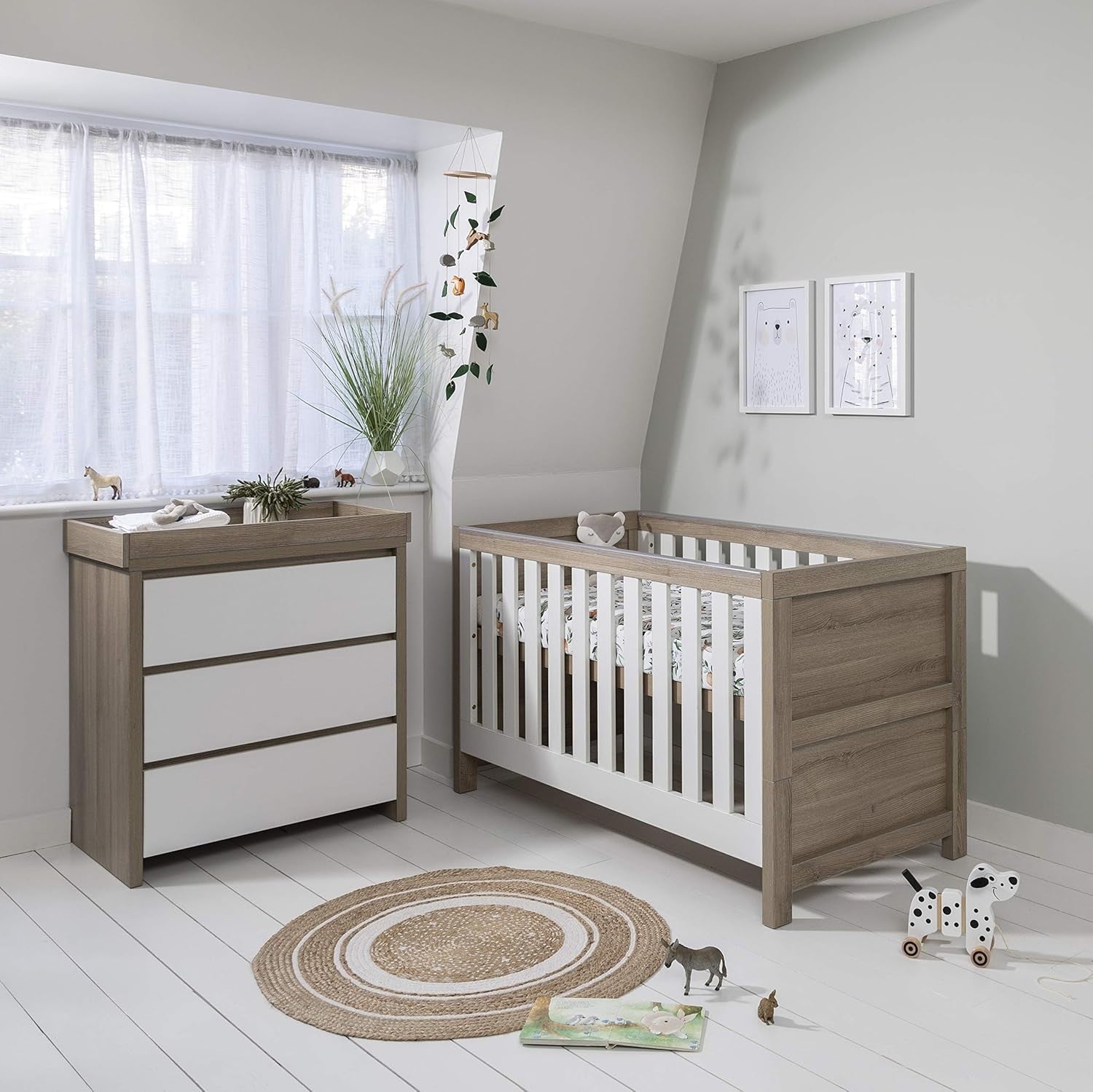 2pcs Nursery Furniture Set Cot Bed Wardrobe Chest Drawers Solid Wood White Oak