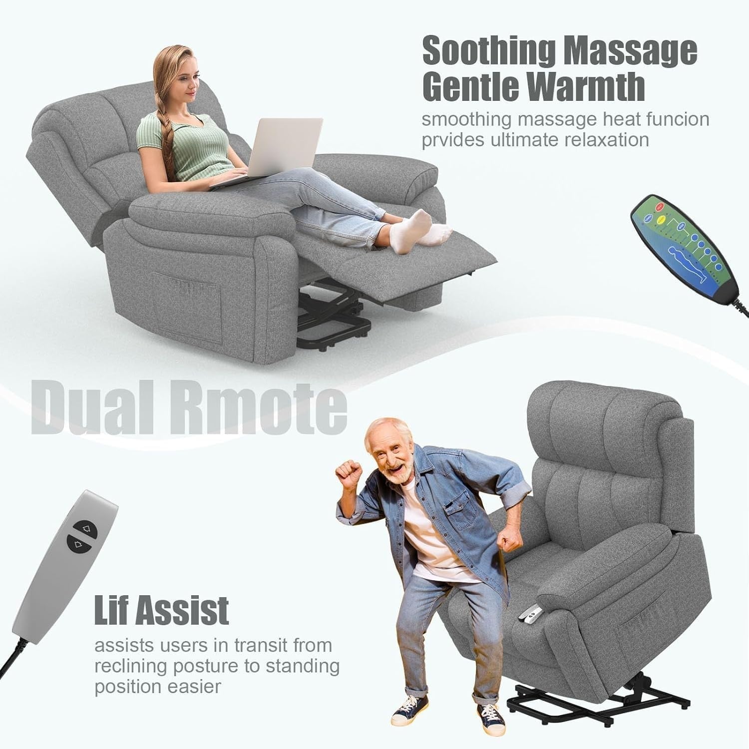 Power Lift Recliner Chair Oversized Massage Heat USB Type-C Footrest Dark Grey