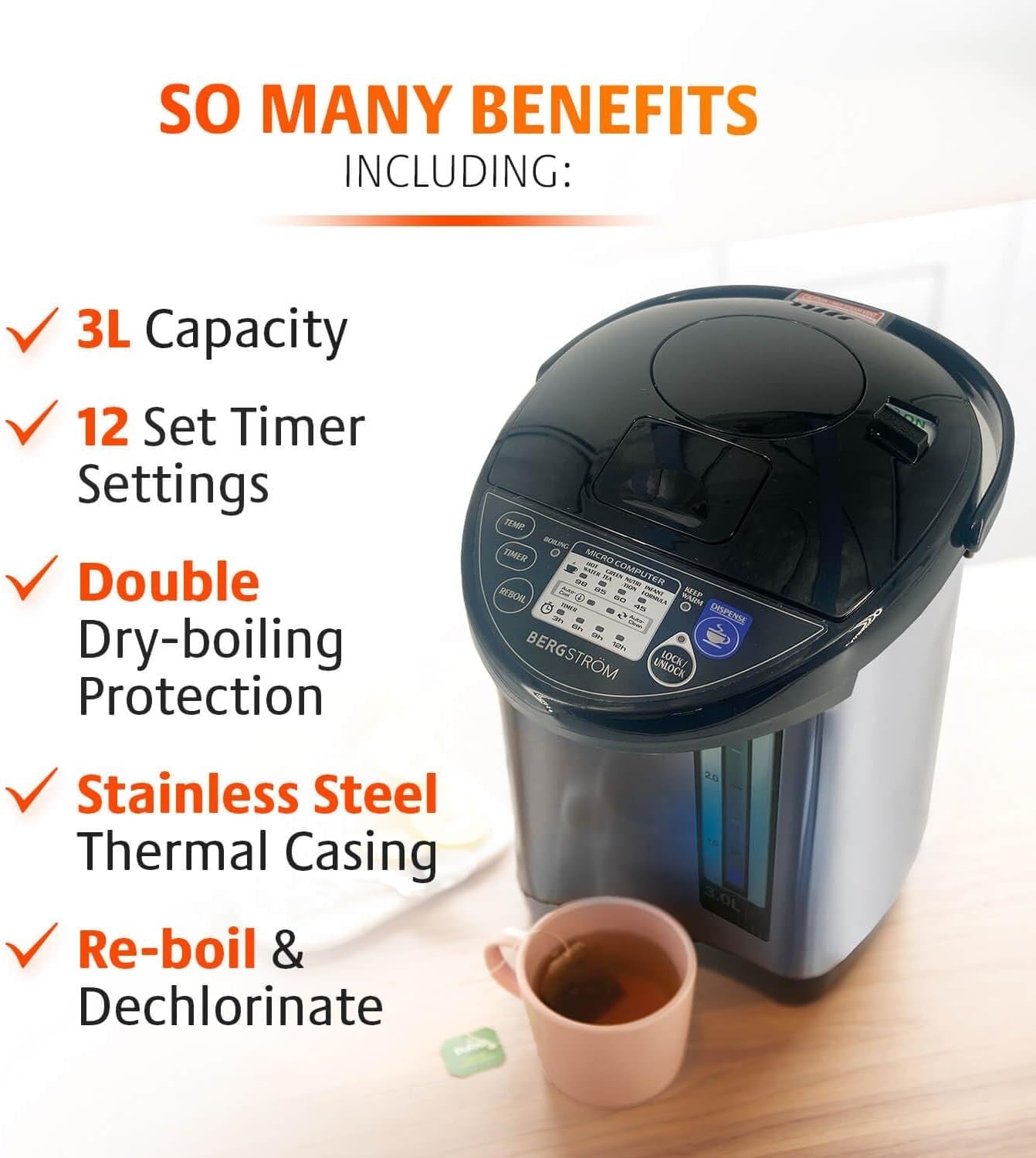 Instant Hot Water Dispenser 3L Stainless Steel Rapid Boiler Timer Settings