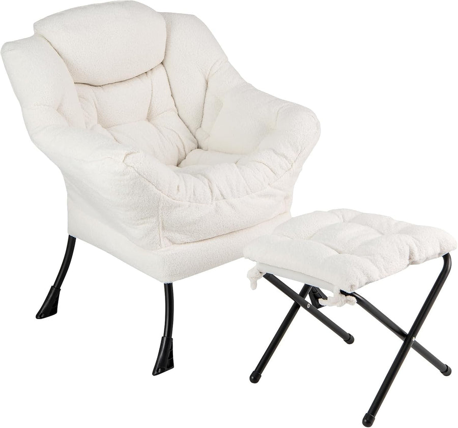 Beige Sherpa Armchair w/ Footstool Comfy Reading Chair Sofa Lounge Seat