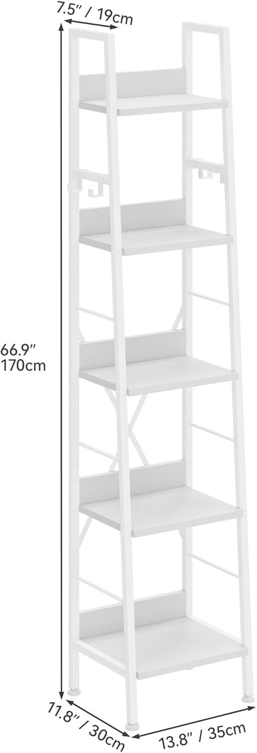 Slim 5 Tier Ladder Bookcase Narrow Storage Shelf Metal Wood White