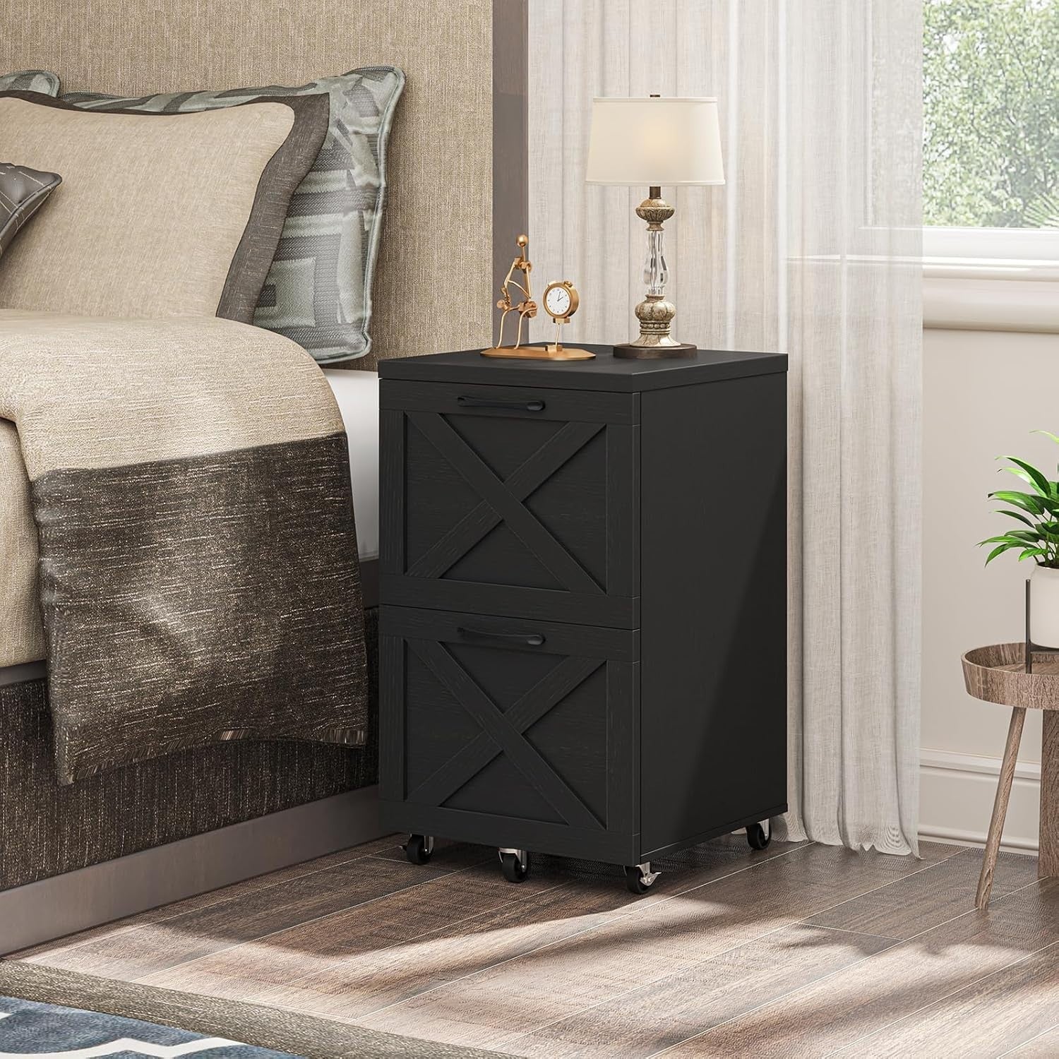 Black Farmhouse Rolling File Cabinet 2 Drawer A4 Letter Under Desk