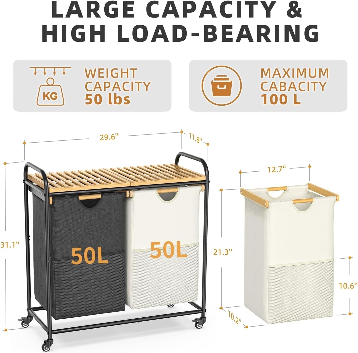 2-Section Laundry Sorter with Bamboo Shelf, Pull-Out 50L Bags & Wheels – Space S