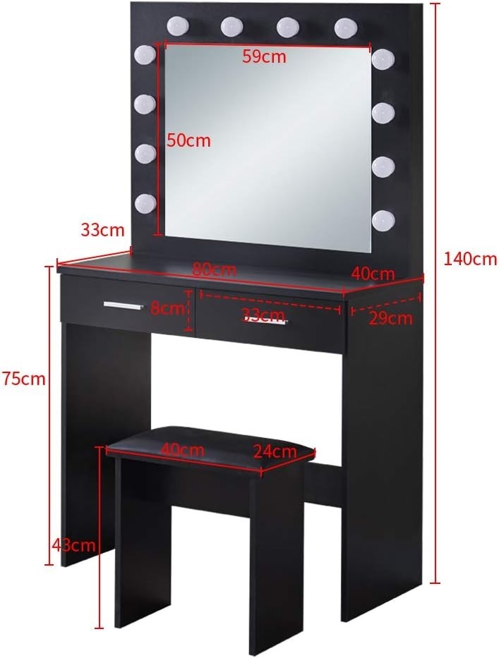 Black Dressing Table Vanity LED Hollywood Mirror Stool Storage Drawers Desk