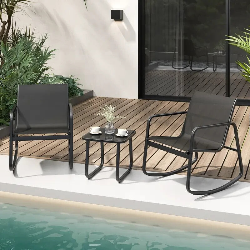 3PC Metal Patio Rocking Chair & Table Set Outdoor Garden Balcony Bistro