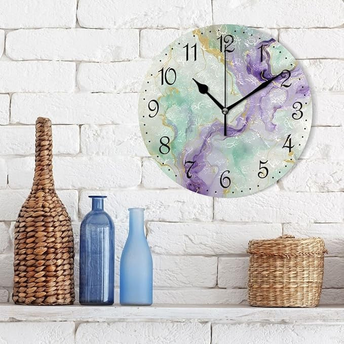 Purple Green Gold Marble Wall Clock 25cm Silent Non-Ticking Modern Home Decor