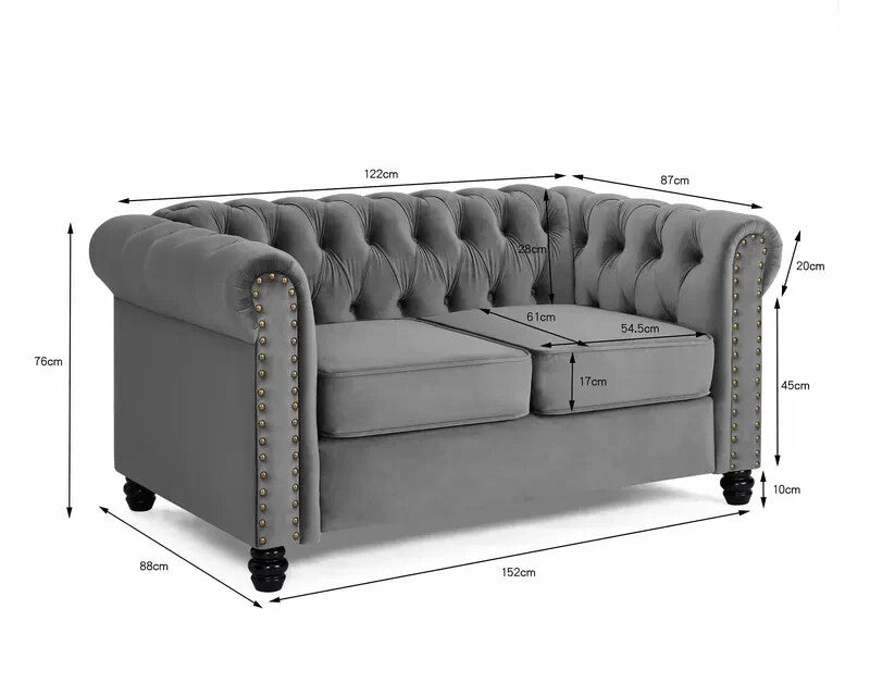 2 Seater Grey Chesterfield Sofa | Velvet Scroll Arm Studded Button Sofa UK