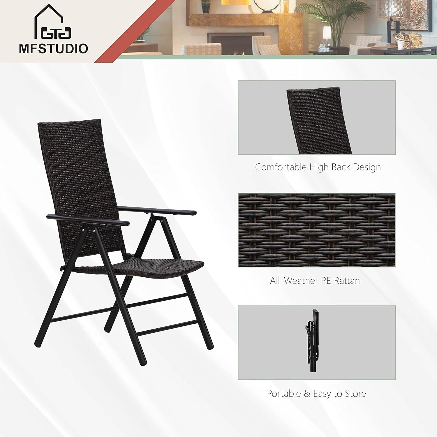 Folding Rattan Garden Chairs Set of 2 Adjustable High Back Patio Seating
