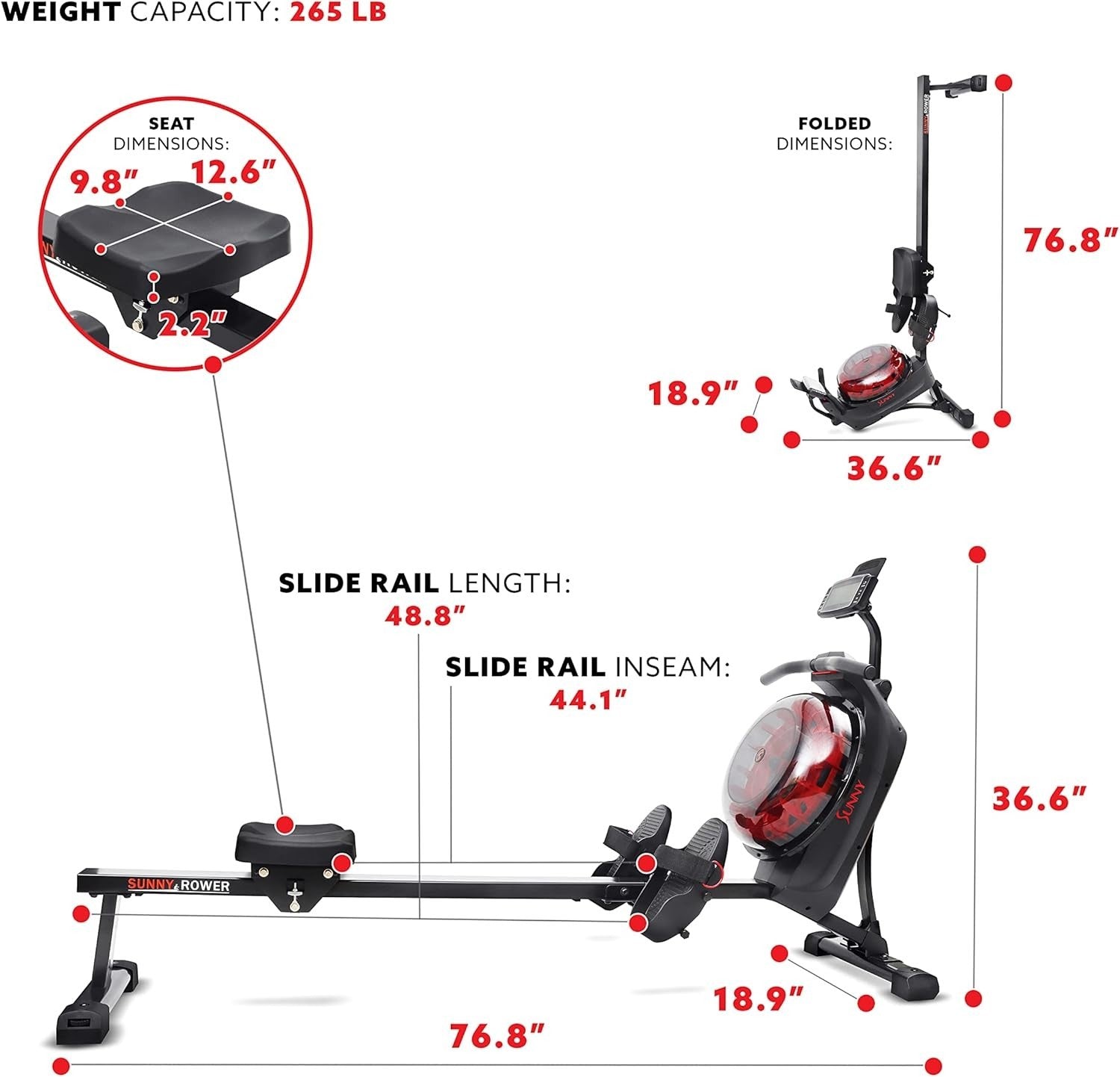 Dual Magnetic Water Rowing Machine Smart App Rower Long Rail LCD Home Gym 120KG