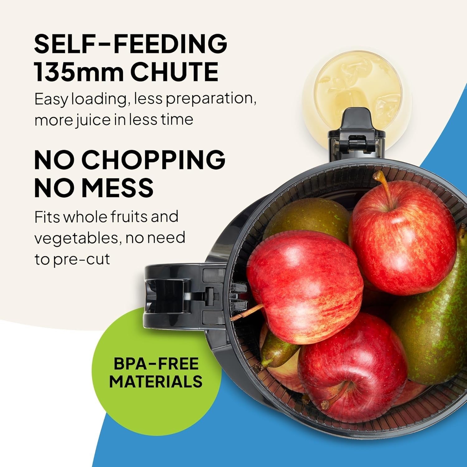 Cold Press Juicer 135mm Wide Chute Whole Fruit 250W Quiet High Yield