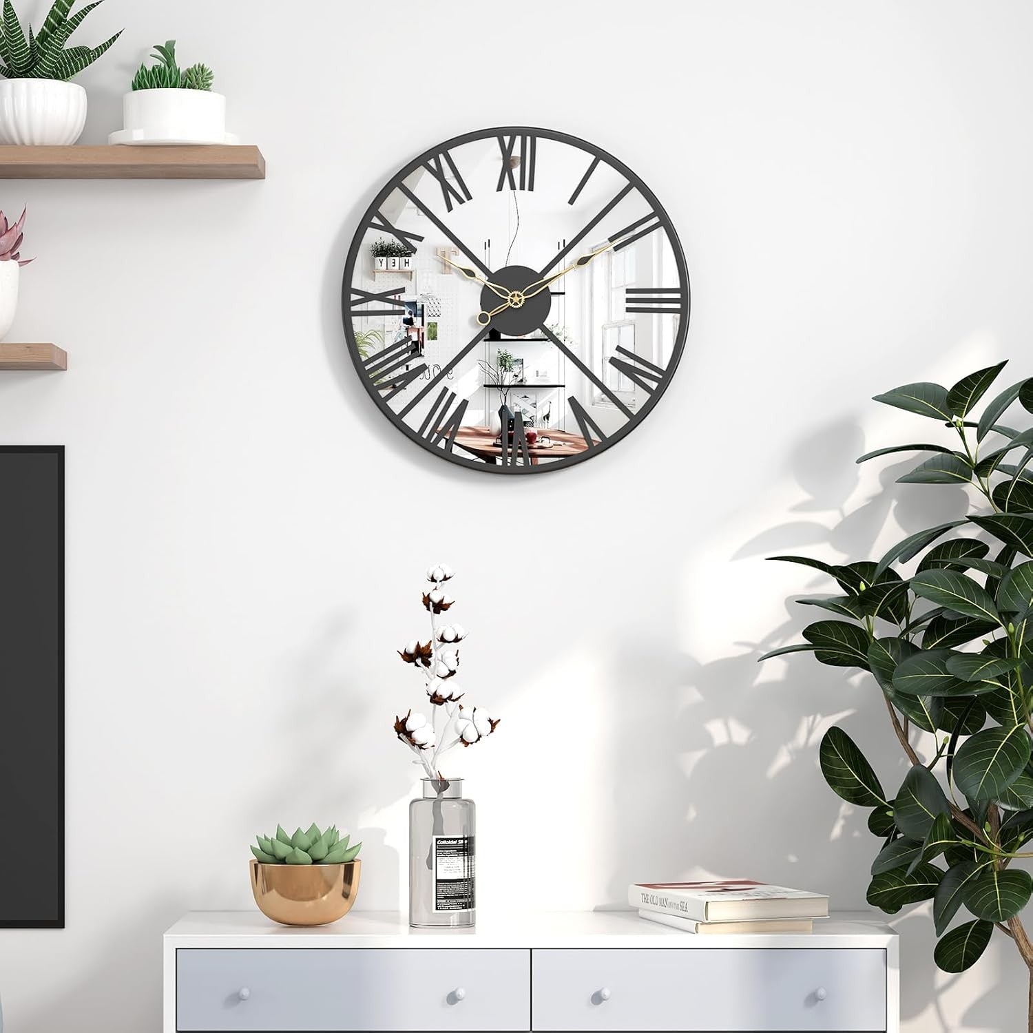 30cm Mirrored Wall Clock – Silent Roman Numeral Metal Frame Modern Design