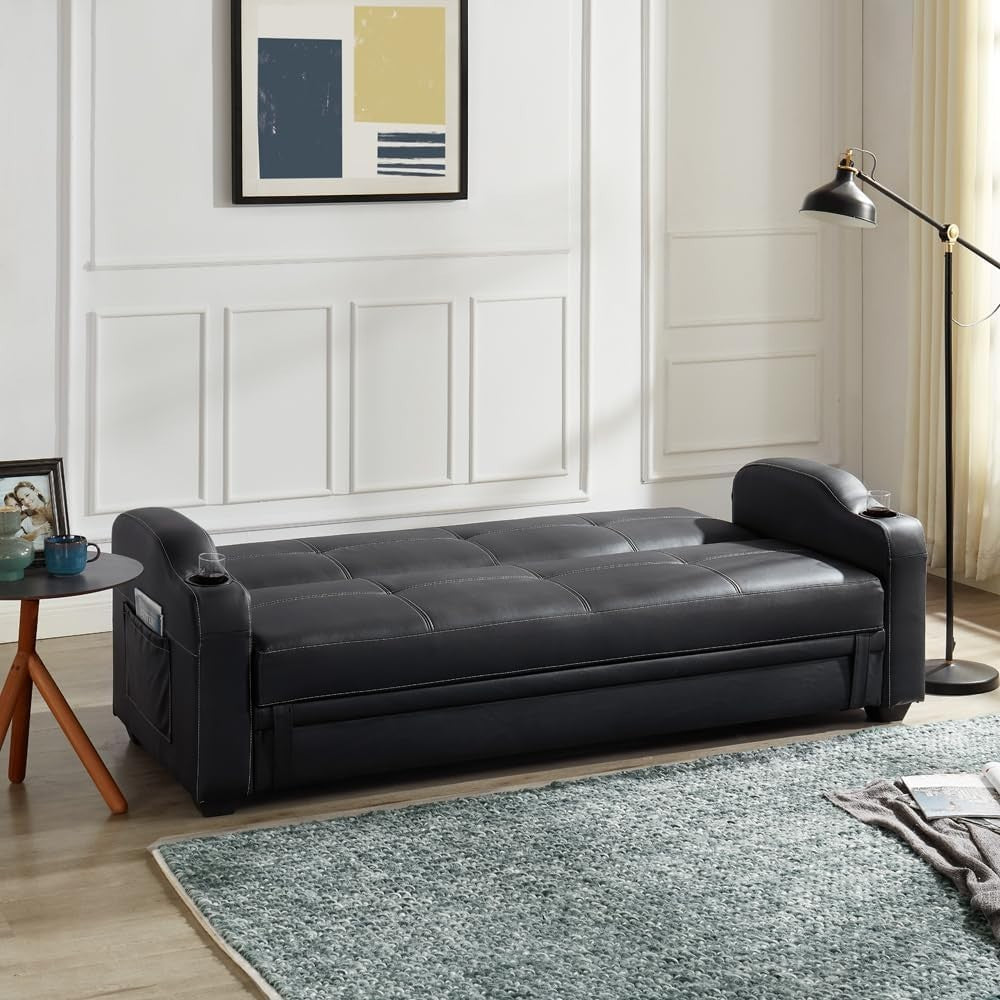 Black Faux Leather Sofa Bed 3 Seater With Storage Cupholders Modern