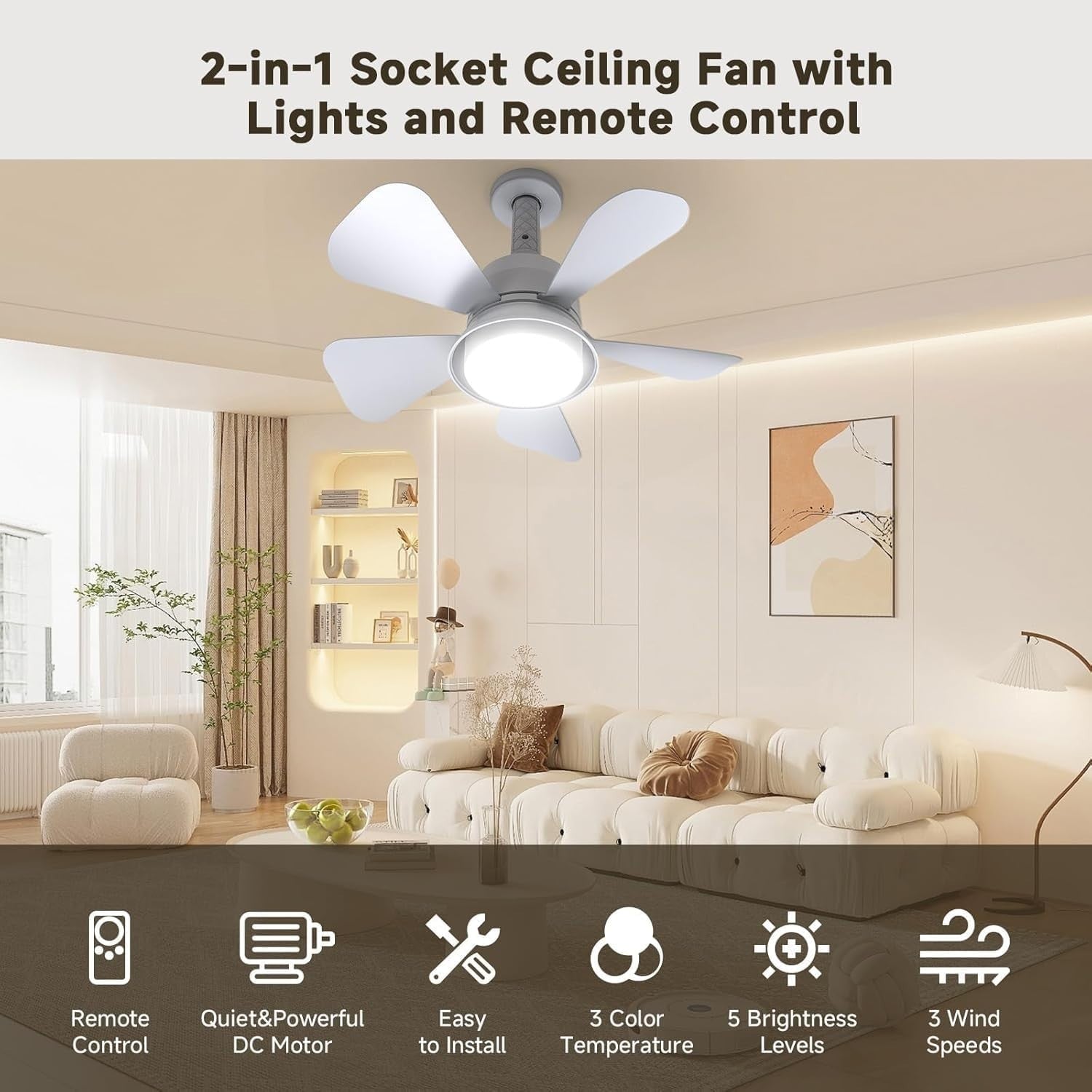 Ceiling Fan LED Light, E27/B22d Base, 3 Speeds, Dimmable, Remote Control