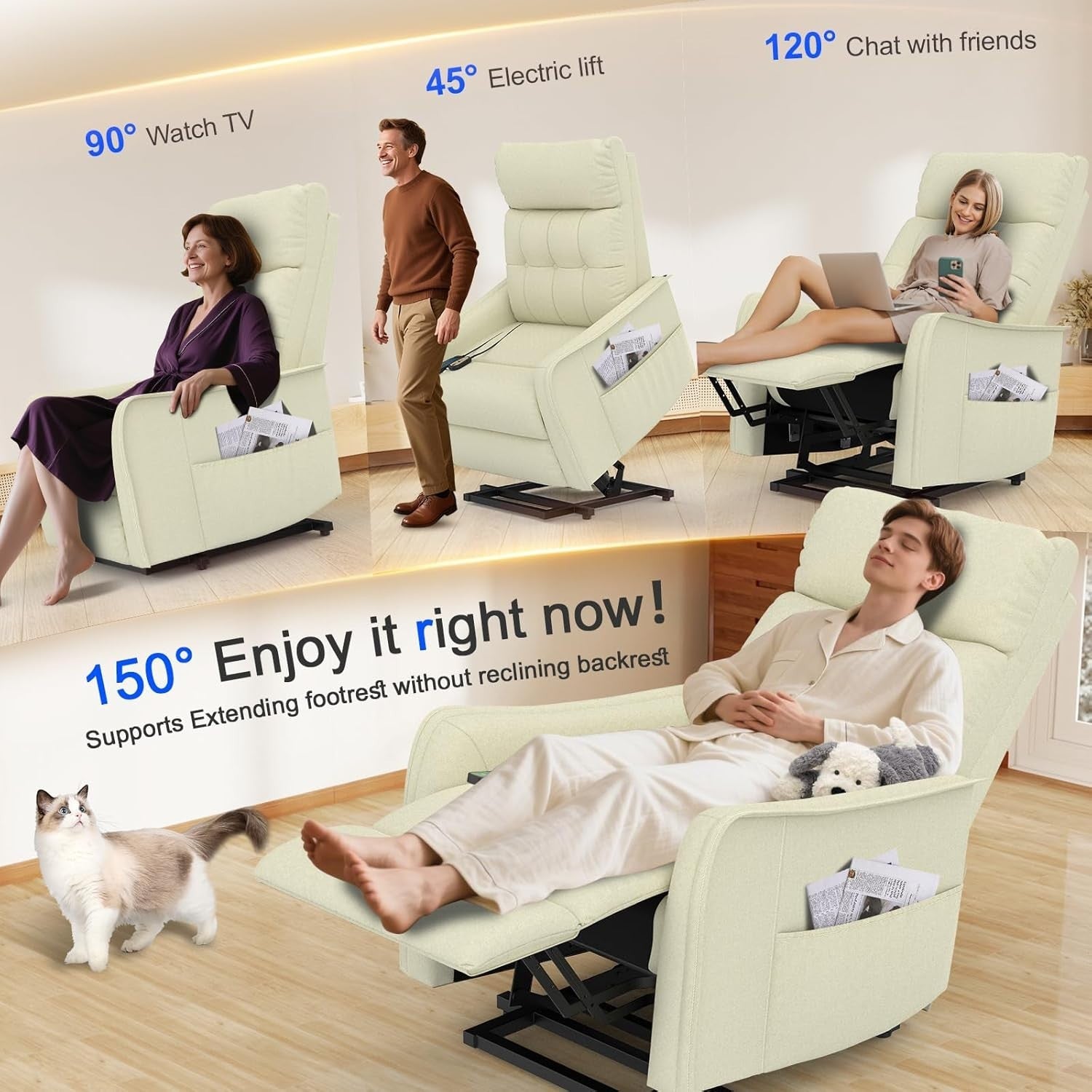 Beige Power Lift Recliner Chair Elderly Massage Heat Faux Leather Footrest