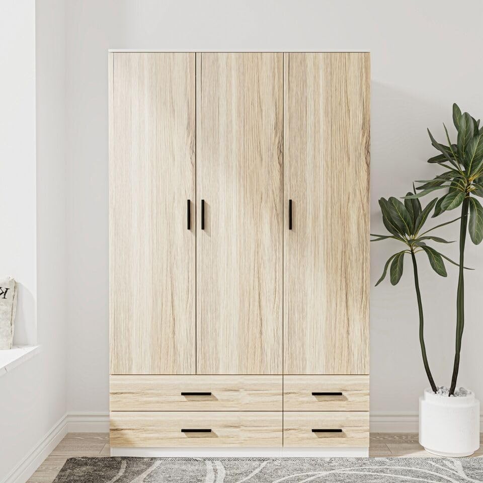 Modern 3-Door 4-Drawer Wardrobe with Hanging Rail & Storage Shelf – Oak/White