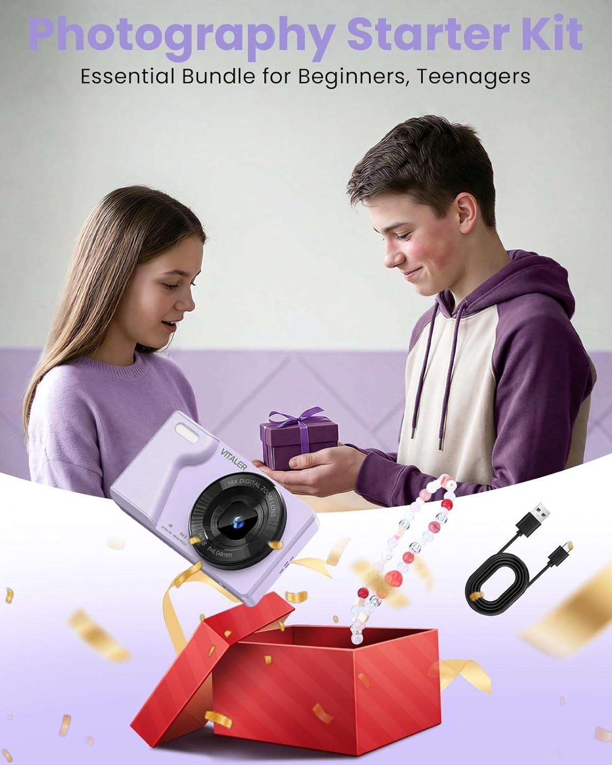 4K 64MP Digital Camera Dual Lens Compact Camera 18X Zoom Purple USB-C