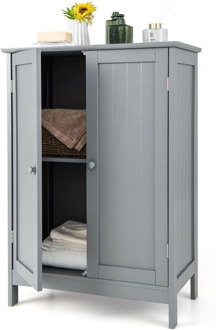Adjustable Bathroom Floor Cabinet with 3 Shelves, Anti-Tipping Design, Grey