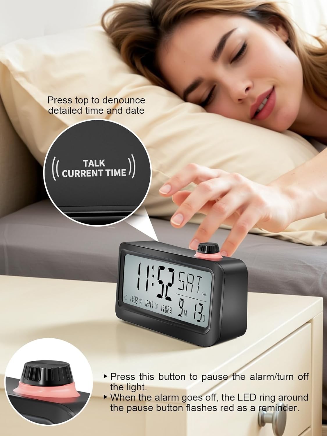 Talking Medication Reminder Alarm Clock Rechargeable Voice Alerts Large Display