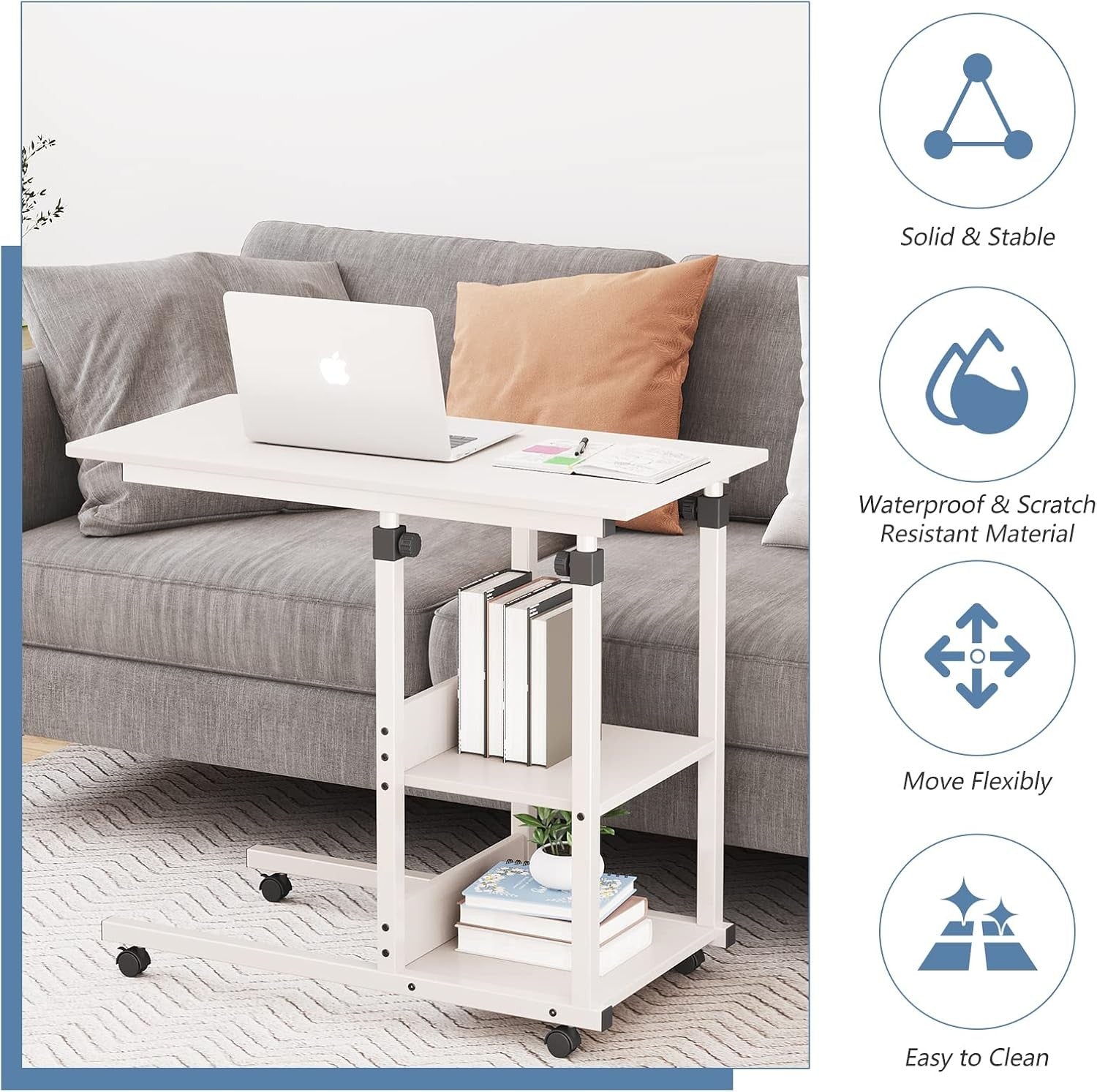 C Shaped Side Table Height Adjustable Sofa Bed Laptop Desk Wheels
