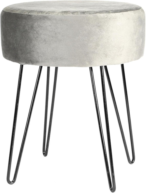 Grey Velvet Round Footstool with Black Legs – Modern Compact Vanity Stool