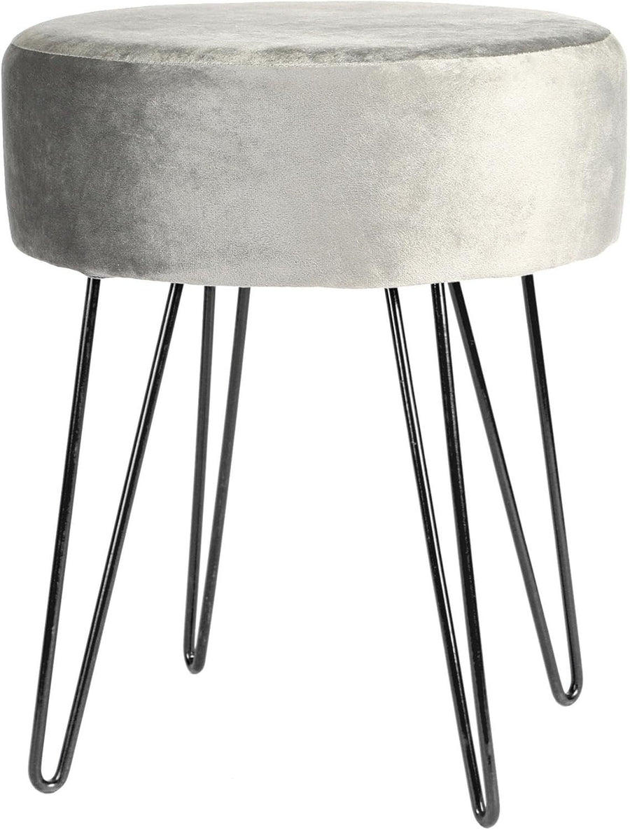Grey Velvet Round Footstool with Black Legs – Modern Compact Vanity Stool